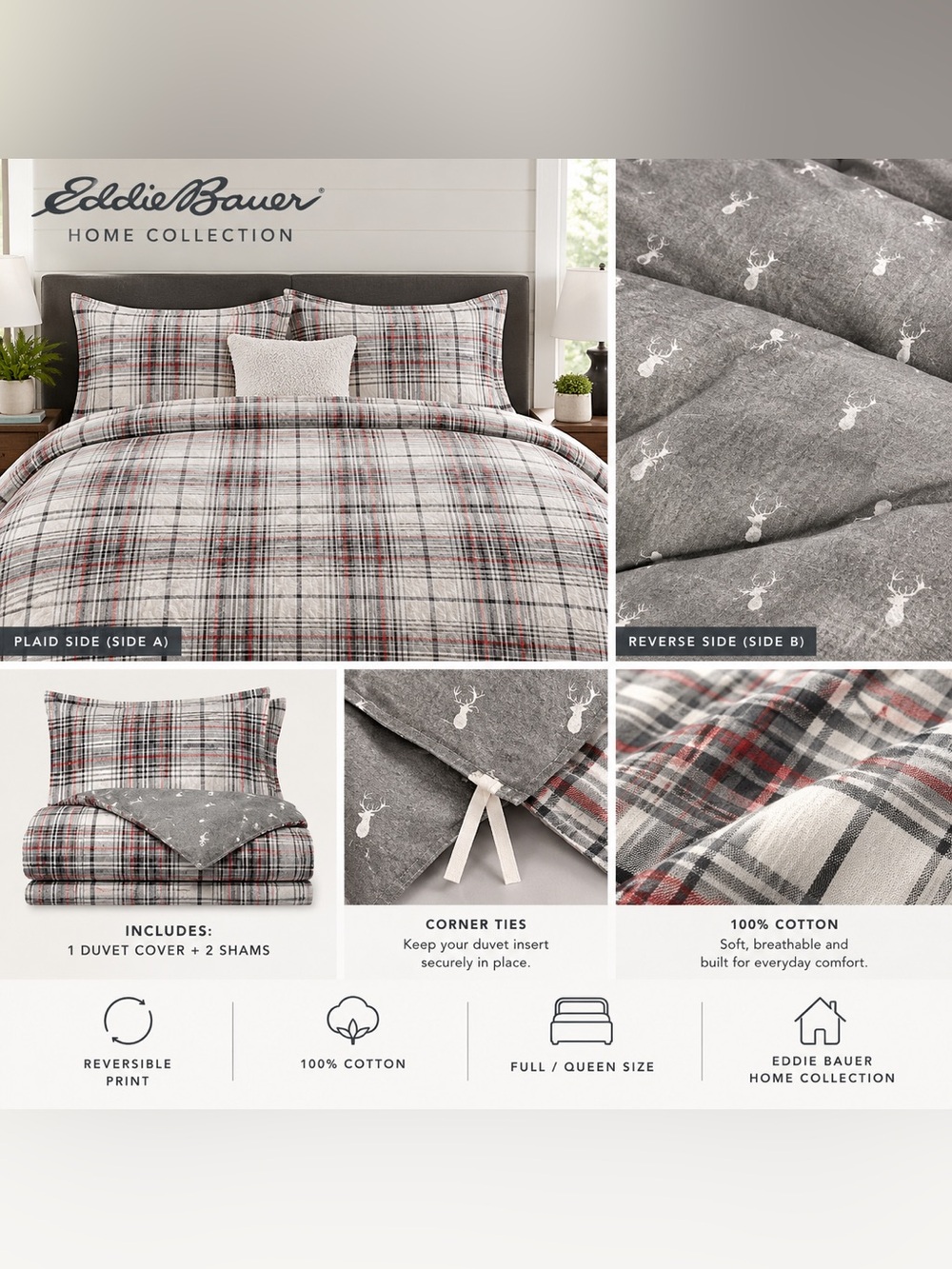 Eddie Bauer Gray and Red Plaid Reversible Cotton Duvet Cover Set